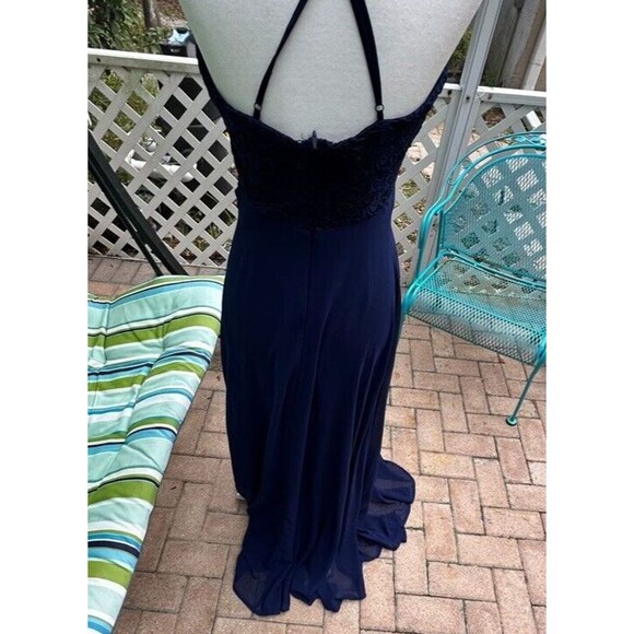 Lulus Womens Blue Gown Medium Madalyn V Neck Lace Chiffon Full Length Maxi - Picture 9 of 15